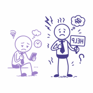 Deux personnages dessinés, l’un debout tenant une pancarte HELP et l’autre assis plongé dans son téléphone, tous deux entourés de points d’interrogation, symbolisant la confusion et la détresse émotionnelle