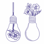 Illustration de deux ampoules dessinées à la main, l’une suspendue remplie de fleurs et l’autre posée laissant pousser des fleurs, symbole de renouveau émotionnel et de créativité retrouvée