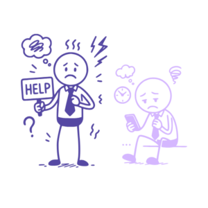 Deux personnages dessinés, l’un debout tenant une pancarte HELP et l’autre assis plongé dans son téléphone, tous deux entourés de points d’interrogation, symbolisant la confusion et la détresse émotionnelle