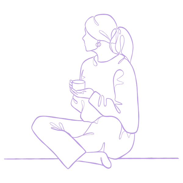Illustration d’une femme dessinée à la main, assise calmement avec une tasse, symbolisant une approche douce et humaine en EFT clinique