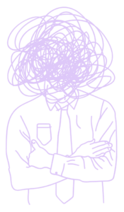 Dessin d’un entrepreneur représenté du haut du corps avec la tête en nœuds, symbolisant la confusion mentale et l’épuisement émotionnel
