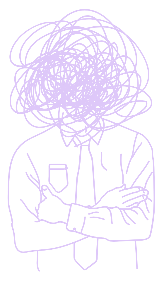 Dessin d’un entrepreneur représenté du haut du corps avec la tête en nœuds, symbolisant la confusion mentale et l’épuisement émotionnel