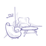 Illustration d’un espace thérapeutique calme avec fauteuils et table basse, symbolisant un cadre sécurisant d’accompagnement émotionnel