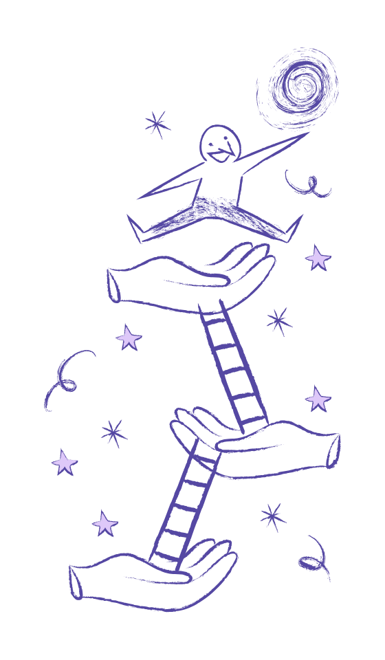 Illustration d’un personnage soutenu par plusieurs mains, symbolisant la sécurité et l’accompagnement émotionnel