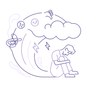 Illustration d’un entrepreneur submergé par une tempête émotionnelle, symbolisant l’épuisement et la surcharge intérieure