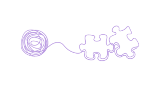 Illustration montrant une pelote emmêlée se transformant en formes plus structurées, symbole de transformation émotionnelle