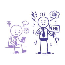 Deux personnages dessinés, l’un debout tenant une pancarte HELP et l’autre assis plongé dans son téléphone, tous deux entourés de points d’interrogation, symbolisant la confusion et la détresse émotionnelle