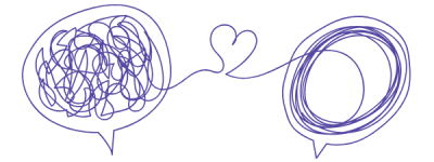 Illustration de deux bulles de dialogue reliées par un fil avec un cœur, symbolisant le passage de la confusion intérieure à la clarté émotionnelle