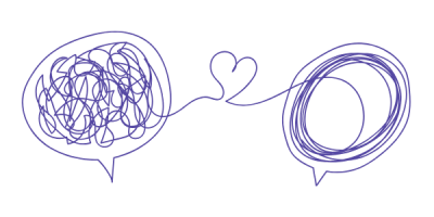 Illustration de deux bulles de dialogue reliées par un fil avec un cœur, symbolisant le passage de la confusion intérieure à la clarté émotionnelle