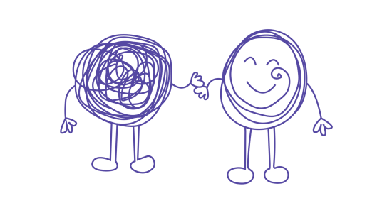 Deux personnages stylisés se tenant la main, l’un confus et l’autre apaisé, symbolisant l’accompagnement émotionnel proposé par L VALORISE